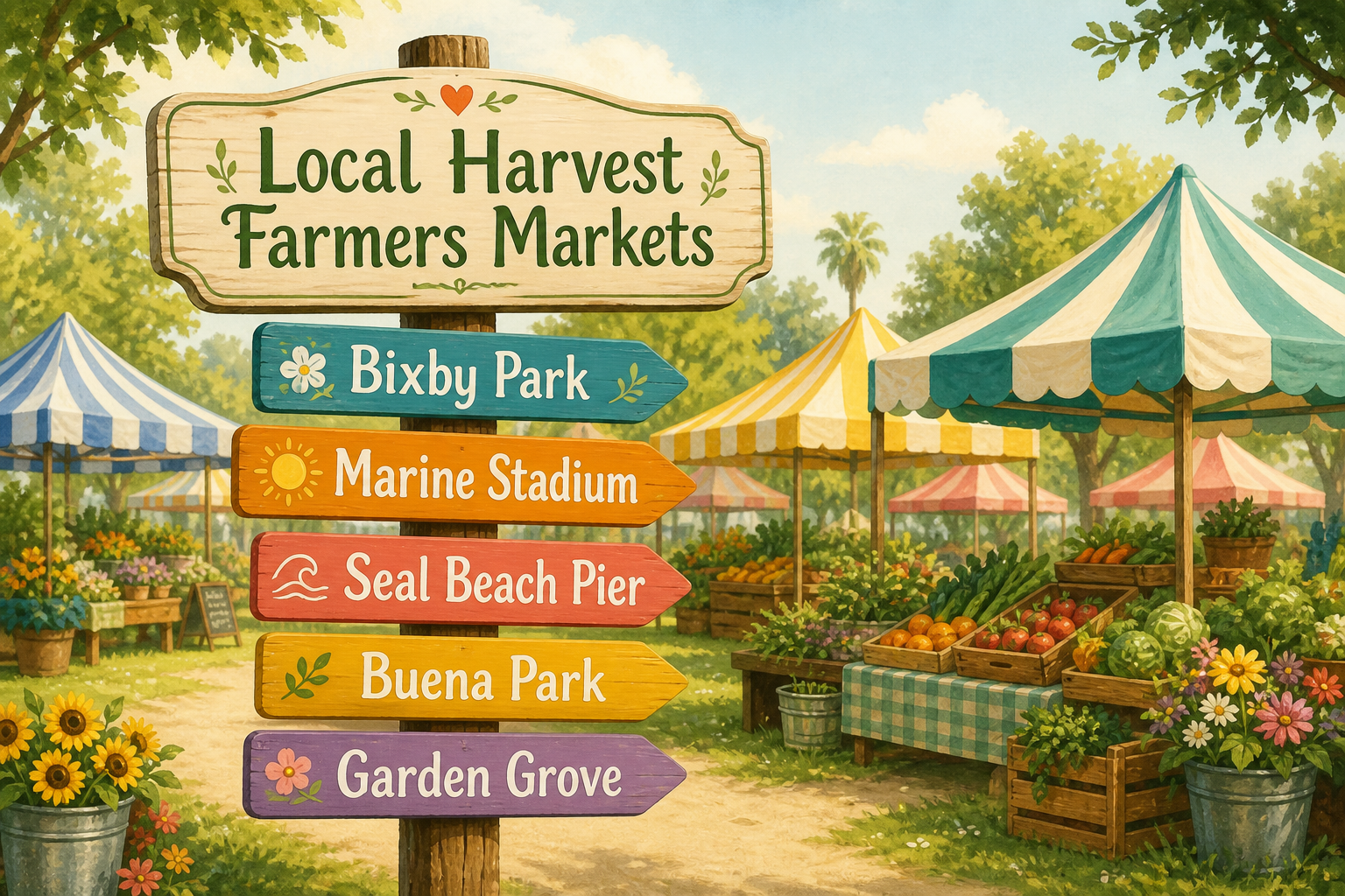 Local Harvest Farmers Markets sign pointing to Bixby Park, Marine Stadium, Seal Beach Pier, Buena Park, and Garden Grove
