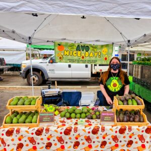 Market stall under a white tent selling crates of avocados with a colorful 'Avo Nice Day' sign and vendor wearing a mask.
