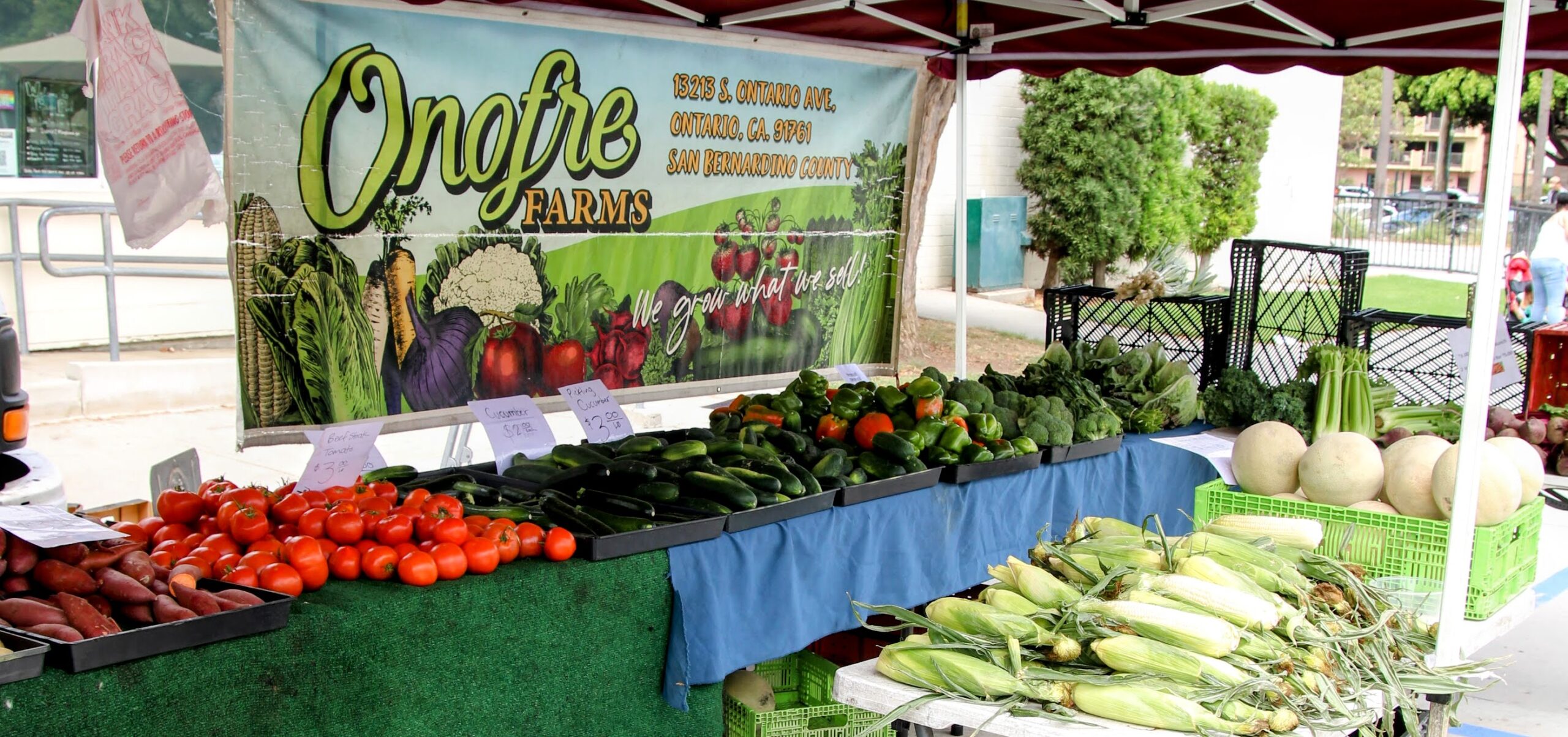 Onofre Farms fresh produce stall at a farmers market