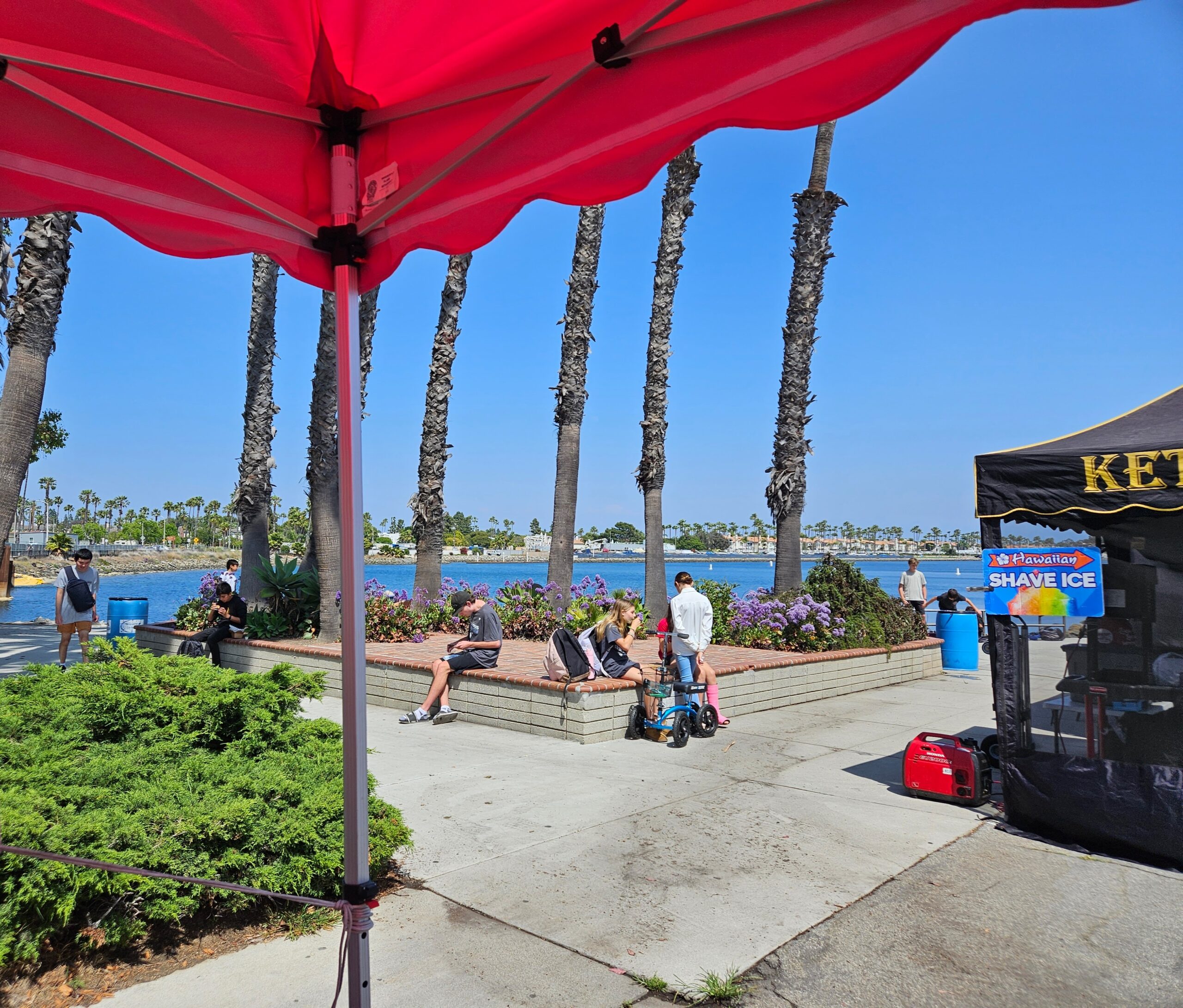 Red market umbrella near palm trees and waterfront at Marine Stadium