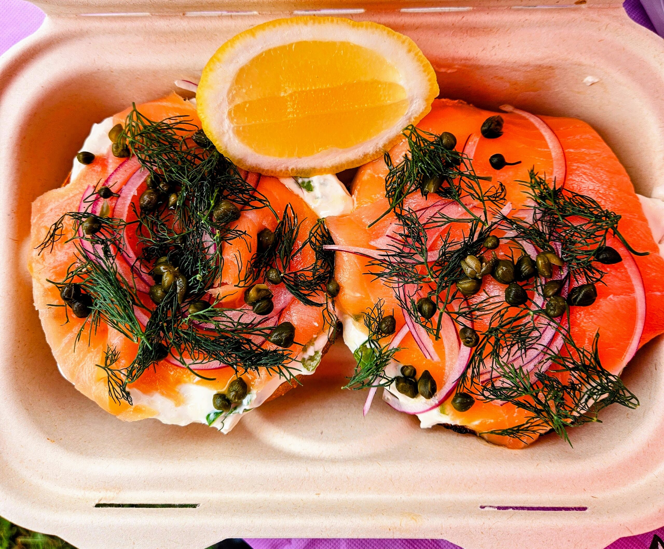 Solis Bagels smoked salmon bagels with lemon, capers, and dill at Local Harvest Farmers Markets