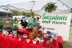 Farmers market plant booth with potted succulents, hanging fern, and a vendor standing under a canopy.