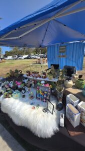 Outdoor market booth with a blue canopy displaying succulents, decorative planters, and small crafts on a white fur-covered table.
