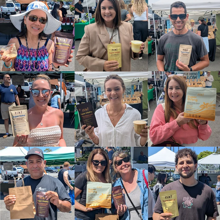Nine customers at an outdoor farmers market holding packaged products and drinks under vendor tents.