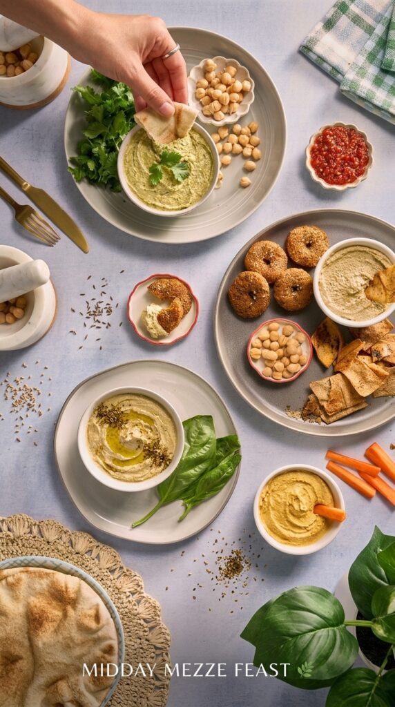 Overhead view of a mezze spread with bowls of hummus, chickpeas, pita, vegetables and dips on plates.