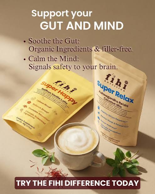 Two Fihi Super Relax and Super Happy mix packets beside a latte cup and saffron strands on a table.